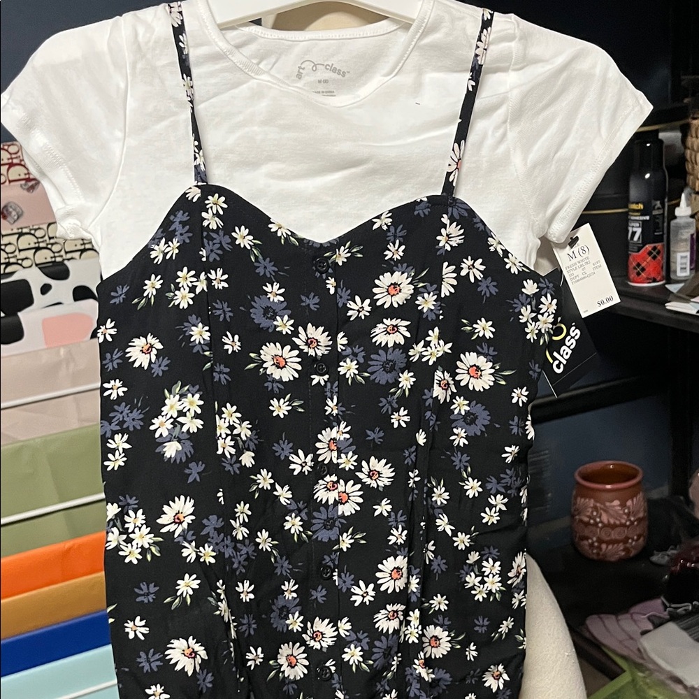 Art Class Black Floral Kids Dress with White Tee
